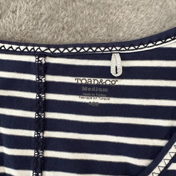 Toad & Co Muse Midi Cinch Dress MEDIUM Navy Stripe Short Sleeve V-Neck - Picture 4 of 7